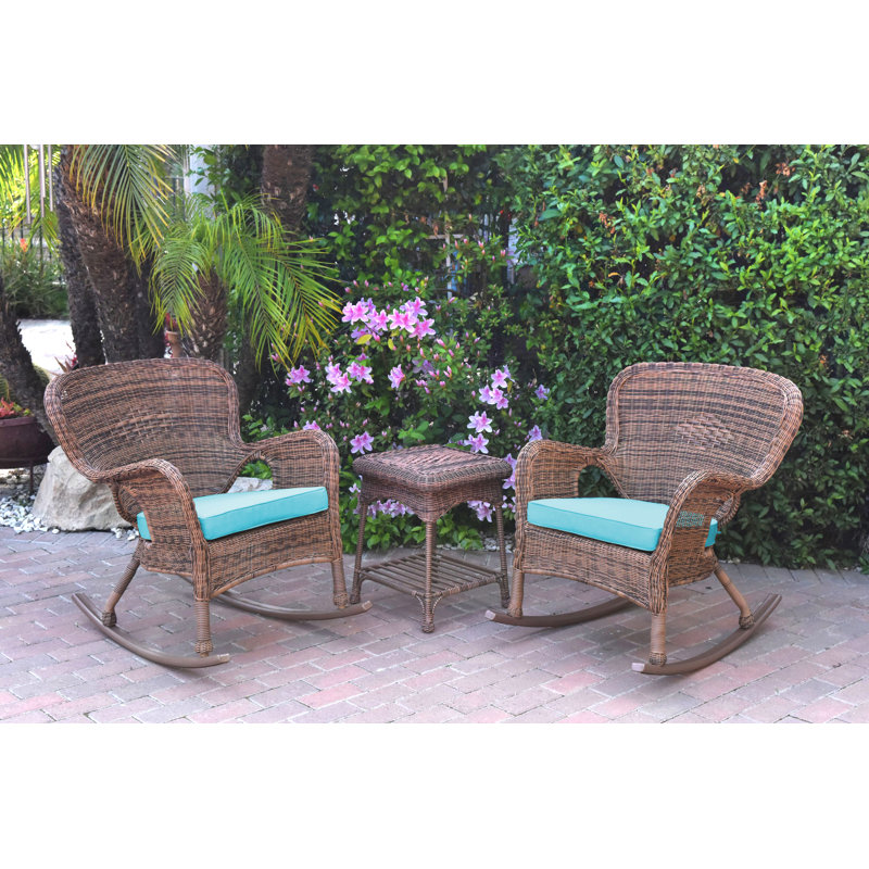 Windsor Resin Wicker Rocker Chair And End Table Set With Cushions, Honey, Sky Blue