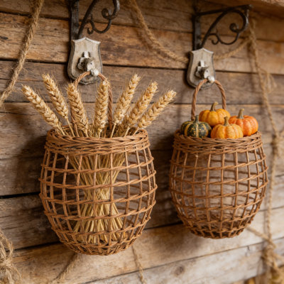 Set Of 2 Hanging Wicker Baskets For Kitchen Storage, Wall Mount Rattan Baskets For Onions Potatoes Garlic, Breathable Woven Design For Pantry Organization And Rustic Home Decor
