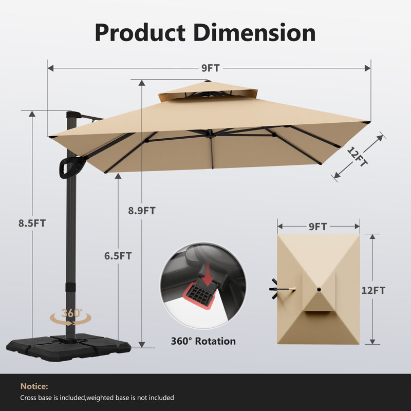 Parasol rectangulaire en porte-à-faux résistant aux intempéries l 144 po x P 108 po Ingra , Beige