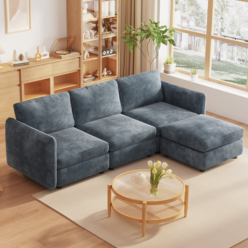 4-Piece Modular Sectional Sofa with Storage Ottoman, Blue-Grey, 4