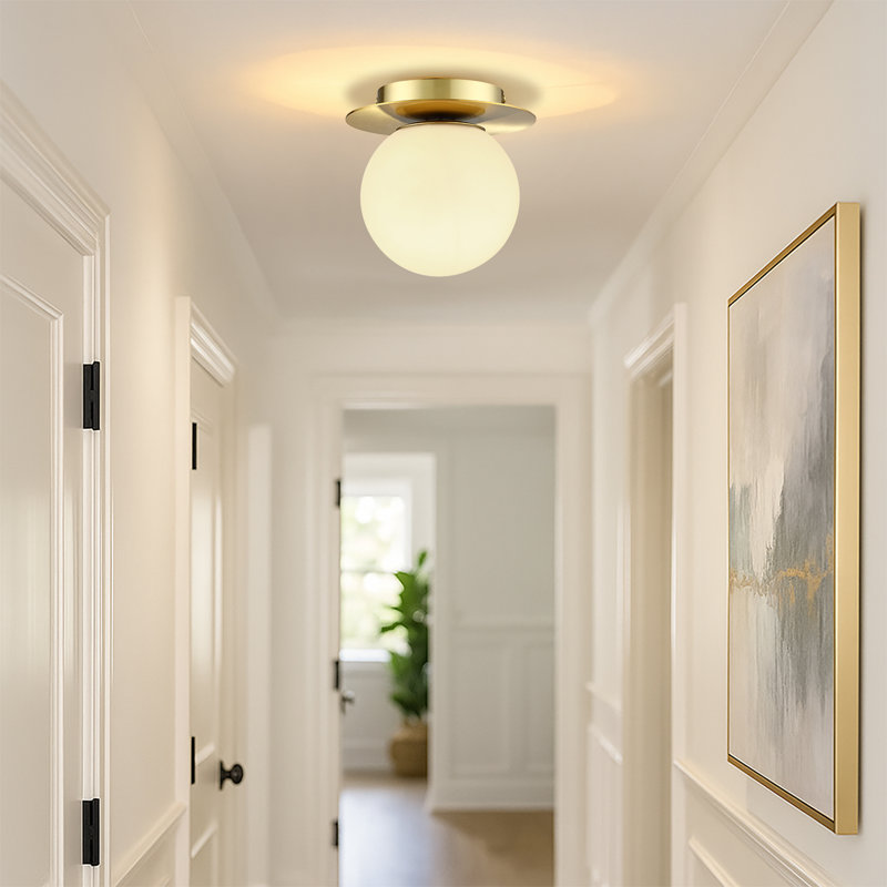 1-light Damp Rated Flush Mounted Brass Wall Sconce With White Glass Shade 