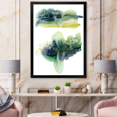«Golden Green Abstract Clouds with Blue Points IV», peinture sur toile encadrée