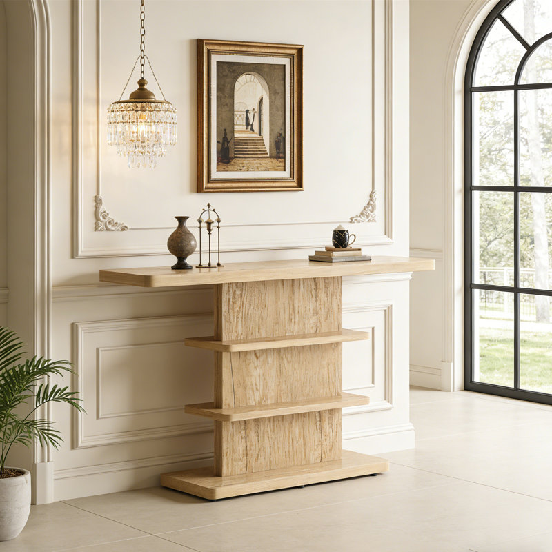 Console rétro 63 "avec tablettes de rangement ouvertes à 2 niveaux, Bois naturel