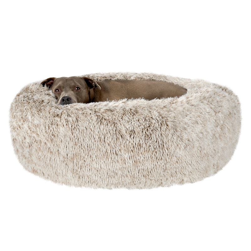 Large Gray Faux Fur Orthopedic Donut Dog Bed