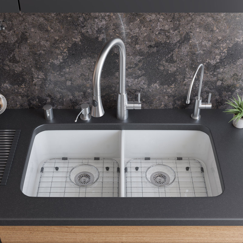 32'' L Double Bowl Fireclay Kitchen Sink, White