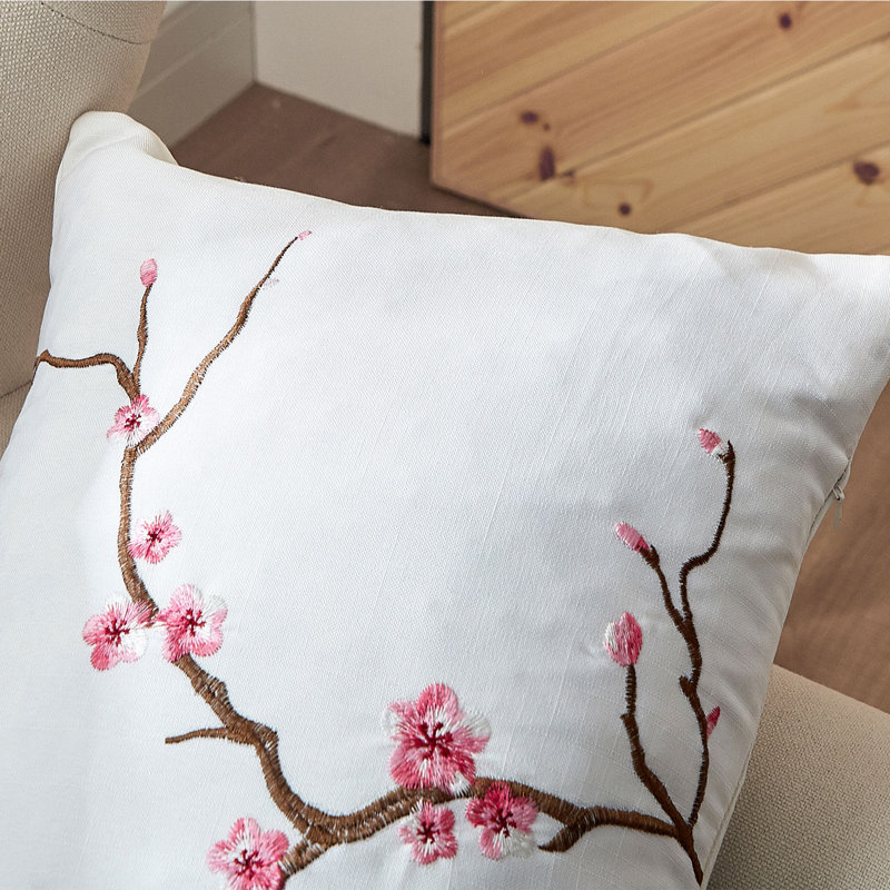 Cherry Blossom Embroidered Pillow Cover, Pink