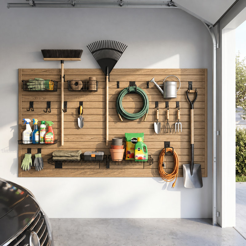 Système de rangement pour garage en PVC, panneaux à lattes de 2,44 m x 1,22 m, avec ensemble de 31 accessoires pour outils de jardin.