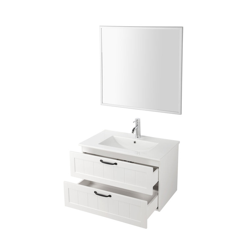 Armoire de meuble-lavabo 31,5 "avec lavabo, armoire flottante murale avec ligne décorative, système de fermeture en douceur, 2 très grands tiroirs, blanc