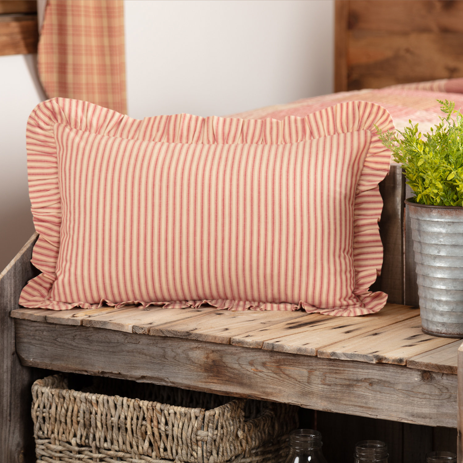 Ruffled Cotton Lumbar Throw Pillow, Country Red/Dark Tan, Polyester/Polyfill