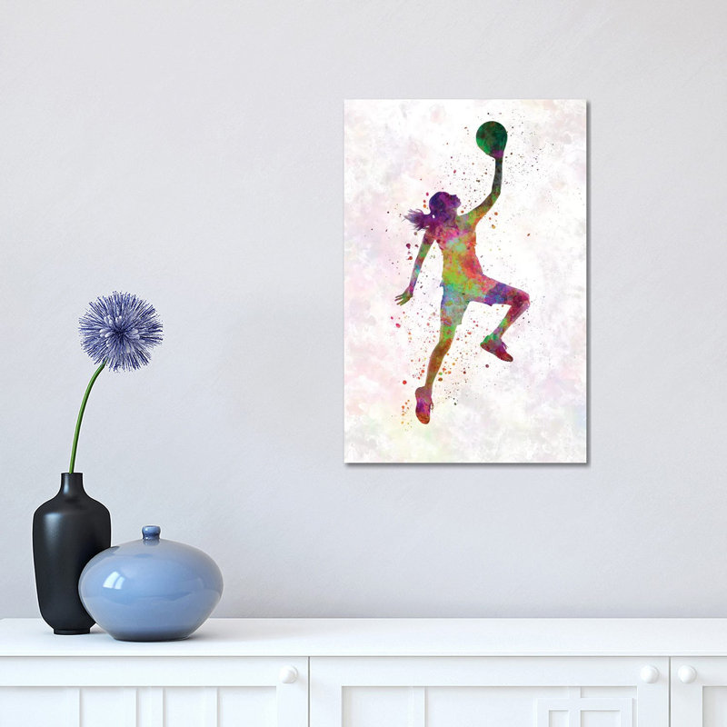 «Young Woman Basketball Player in Watercolor II» par Paul Rommer, impression sur toile tendue, H 18 po x l 12 po x P 1,5 po