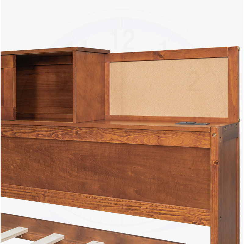 Lit de jour simple en bois avec 3 tiroirs de rangement, tête de lit souple, tablette et ports USB intégrés, , Noyer
