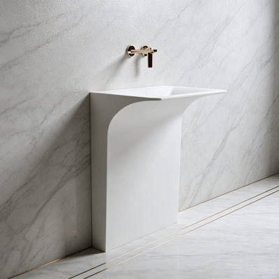 Évier piédestal mural moderne à surface solide sans couture avec drain linéaire caché en blanc mat