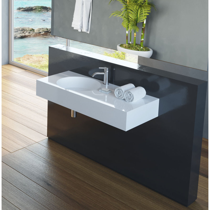 Lavabo de salle de bain mural rectangulaire en résine avec trop-plein 39,4 po x 17,7 po Badeloft WT-02-A-M, Blanc mat