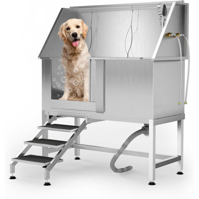 50" Stainless Steel Dog Washing Station, Professional Pet Bathing Tub with Non-Slip Stairs & Grate