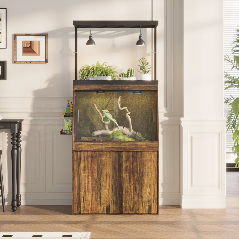 31.5 In.w Brown Reptile Terrarium Cabinet With Sliding Glass Doors, Adjustable Storage Shelf And Lighting Rack