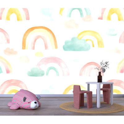Rainbow Wall Mural – Watercolor Clouds & Rainbow Wallpaper Kids Room