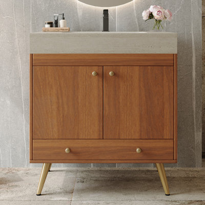 Meuble-lavabo autoportant de style Mid-Century avec comptoir en faux marbre et lavabo en céramique, armoire de rangement à double porte de 30 po, bois d'ingénierie imperméable, pieds dorés