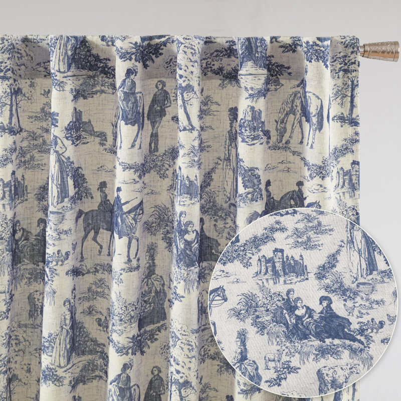 100% Blackout Toile Linen Curtains for Bedroom Double Layer Farmhouse French Country Vintage Printed Pattern Thermal Sound Lined Back Tab Living Room Drapes  2 Panels