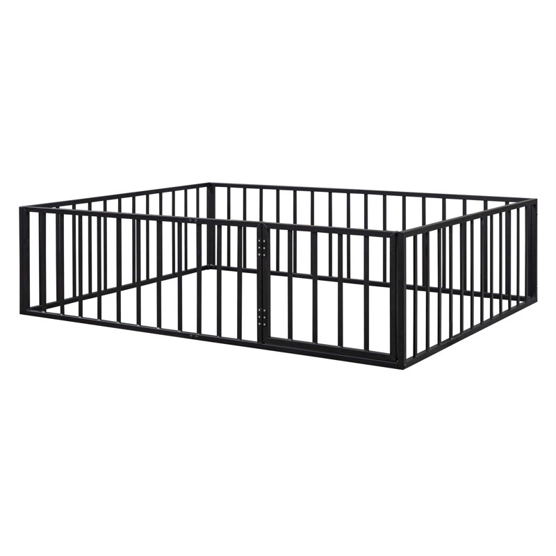 Metal Floor Bed Frame With Fence And Door, Black, Queen