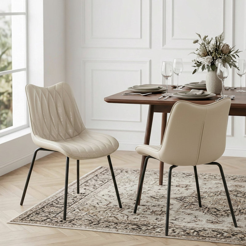 Set of 2 Mid-Century Modern Dining Chairs, Upholstered Faux Leather Side Chairs with Metal Legs, Beige, 2, Beige