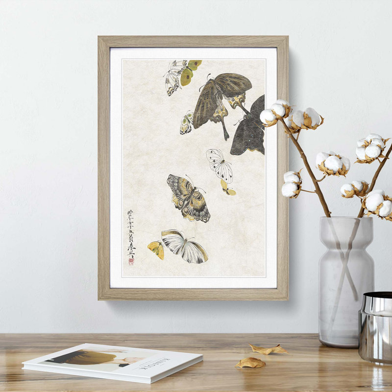 Butterflies by Shibata Zeshin - Picture Frame Art Print, 36cm H x 27cm W x 2cm D, Oak Framed