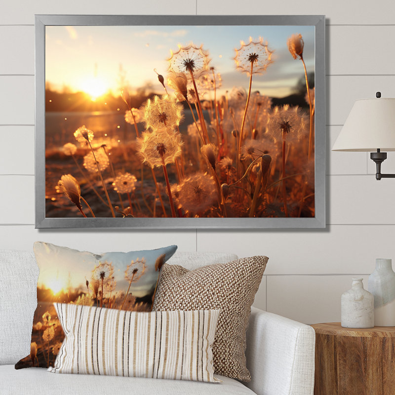 Coucher de soleil pissenlit champ II - art mural floral salon, H 30 po x l 40 po x P 1,5 po, Cadre photo argenté
