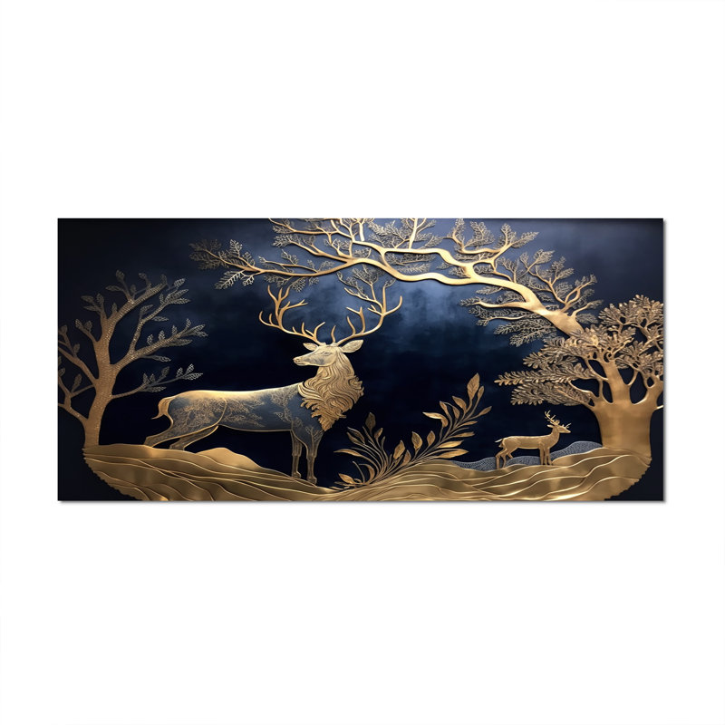 Cerf doré dans la forêt II - art mural forêt, Toile tendue, H 28 po x l 60 po x P 1,5 po