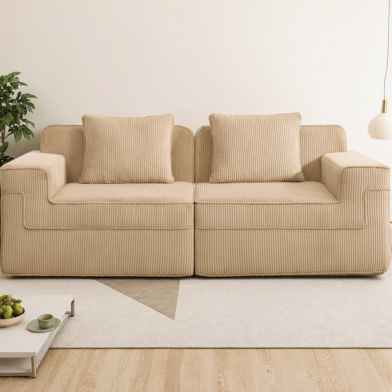 Boneless Modular 2-Seater Loveseat Boneless Sofa Cloud Sectional Couch with Deep Plush Seating & Throw Pillows, Corduroy Fabric Modern Sofa for Living Room, No Assembly Needed