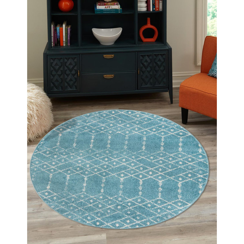 Sierra Geometric Area Rug, Round 3', Teal Blue
