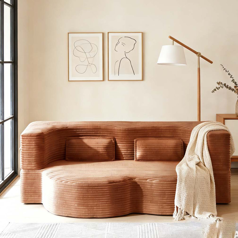 Canapé moderne avec 2 coussins, Orange, Velours côtelé