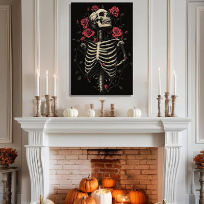 Toile d'Halloween, art mural squelette, impression murale, crâne rétro avec une rose rouge, œuvre d'art universitaire foncé encadrée (art - 5,24,00 x 36,00 po)
