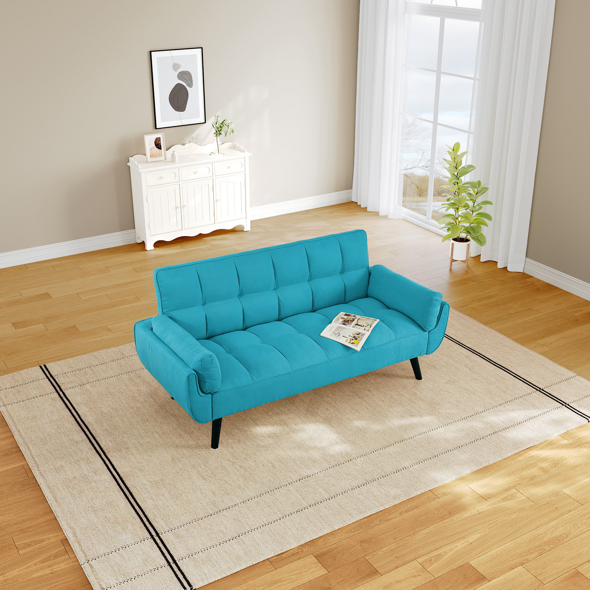George Oliver Futon Sofa Convertible Modern Linen Futon Couch, Comfy