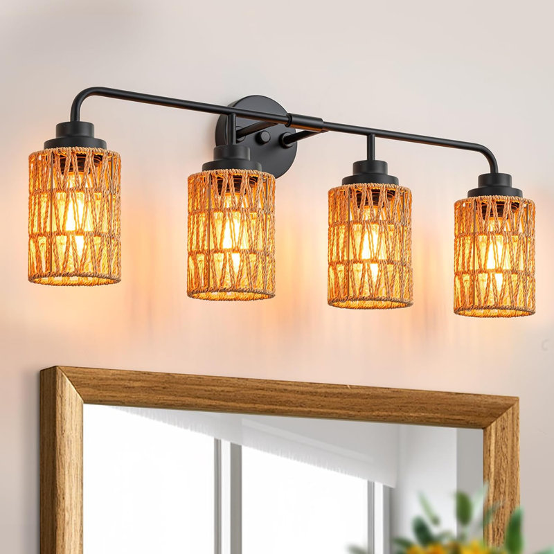 Bathroom Vanity Light With Handwoven Rattan Shades 4-Light Boho Farmhouse Wall Sconce For Mirror Lighting Dimmable Rustic Fixture