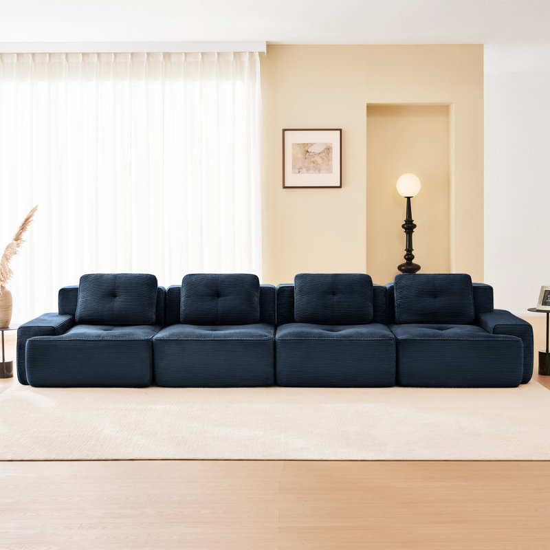 Canapé modulaire 153 po en velours côtelé 153 po, bleu, assise profonde, passepoil perlé, sans assemblage, base moderne bleu