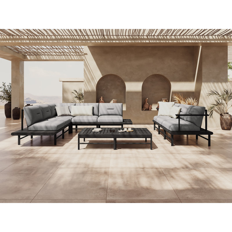 230cm Wide Metal Patio Sofa with Cushions, Light Grey