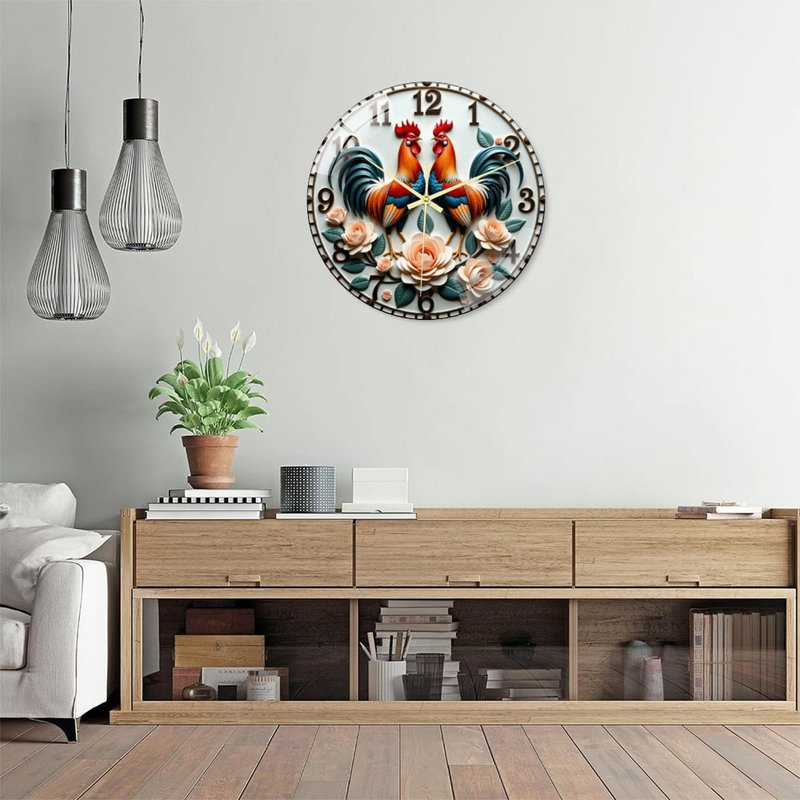 Horloge murale coq roses