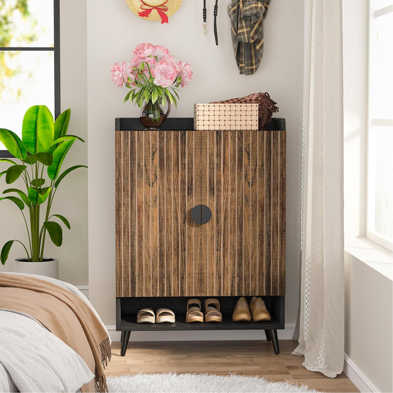 29.6 Inches  Rustic Brown Wooden Shoe Cabinet With Doors, 7-Tier Shoe Storage Organizer, Black/Brown