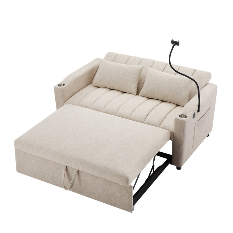 55.9" Convertible Sofa Bed Loveseat Sofa With Three Usb Ports, Two Side Pockets, Two Cup Holders And 360°Swivel Phone Holder For Living Room, Beige, Outdoor Patio Sofa