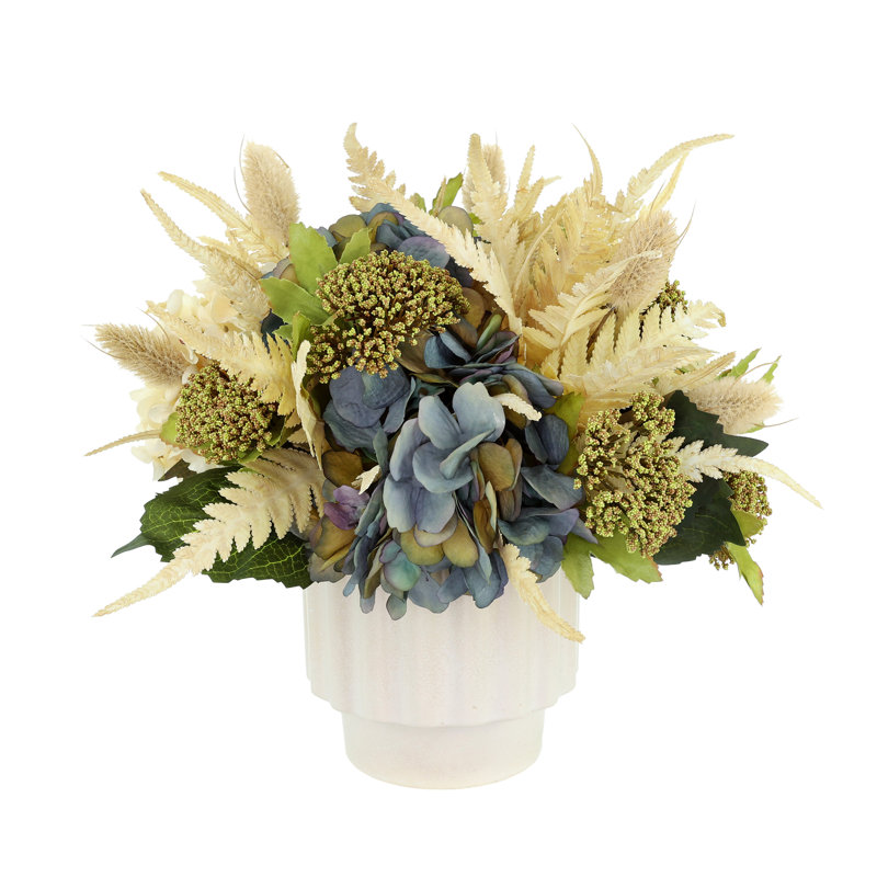 Fern and Hydrangea Arranged in Ceramic Pot