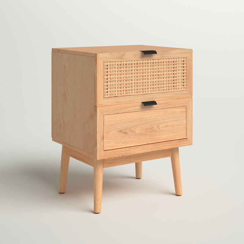 Elegant Neruda 2-Drawer Rattan Nightstand –Coastal Farmhouse with Mahogany Wood, Roller Glide Drawer, Natural