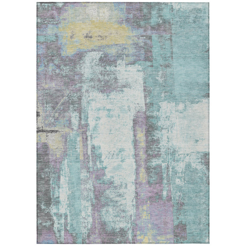 3' X 5' Teal Blue And Ivory Abstract Washable Indoor Outdoor Area Rug