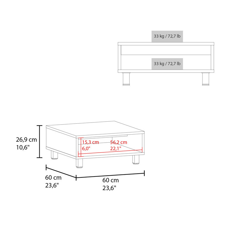 Table basse Chiniak, 1 tablette, 4 pieds, noir, salon, Noir, noir, noir, noir