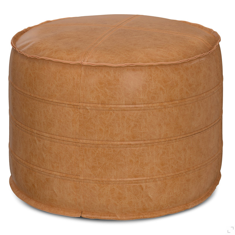 Pouf rond de 20 pouces de largeur en cuir végétalien brun patiné