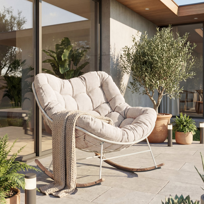 Chaise berçante en acier avec coussin, Coussin beige / structure crème