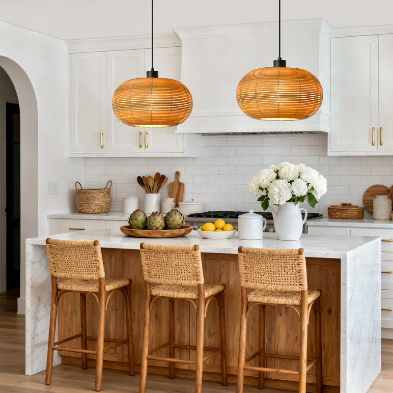 Astera 1 - Light Boho Hand-Woven Natural Rattan Single Pendant for Kitchen Island Dining Room Living Room Entryway Hallway Foyer