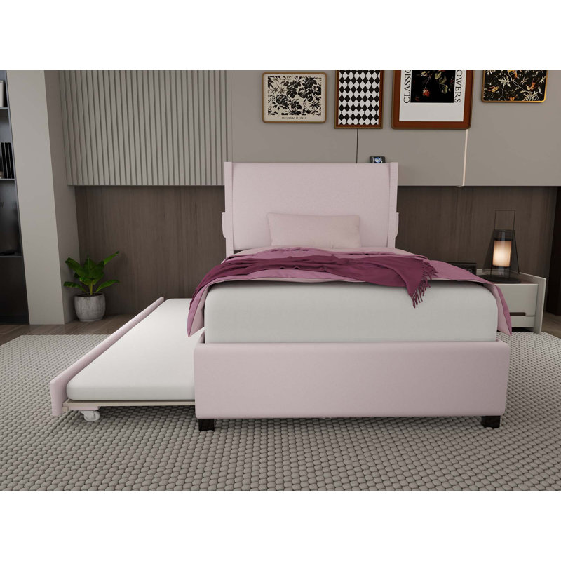 Structure de lit simple tapissier avec lit gigogne, tissu en peluche, fonctionnalité USB et conception à poche sur le côté de la tête de lit pour ranger les petits objets