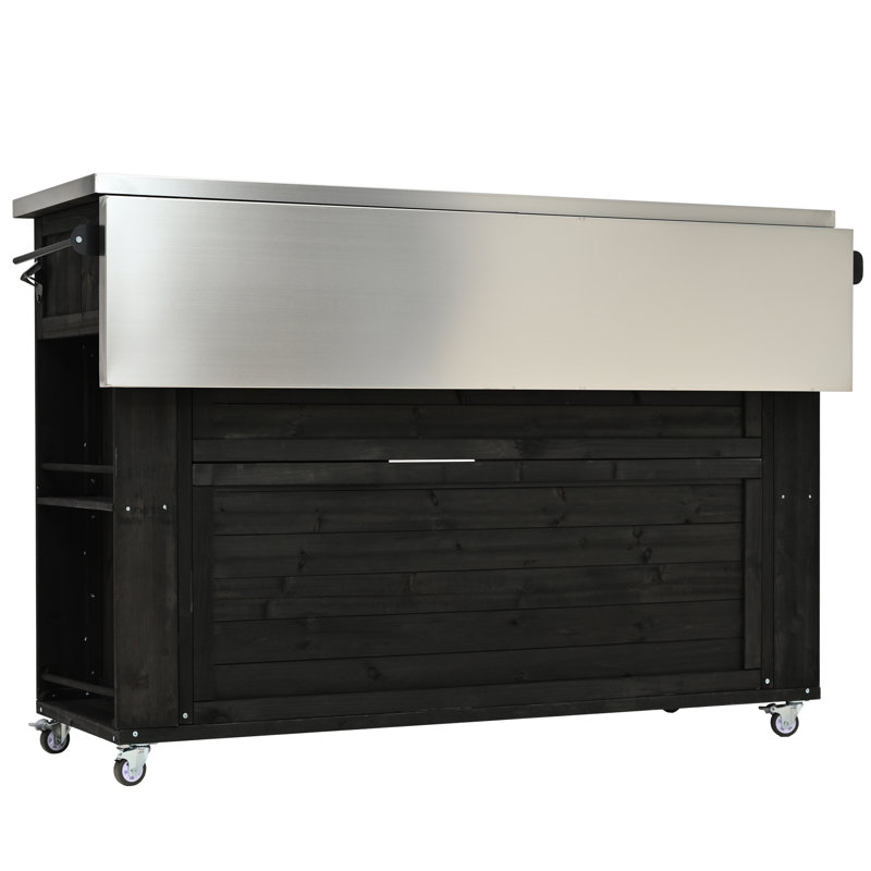 Îlot de cuisine extérieur en noir - Bois de sapin et grand espace de rangement en acier inoxydable, porte-serviettes, ouvre-bouteille à épices, roues verrouillables pour la mobilité en bois massif, mouvement spacieux en douceur et sans effort