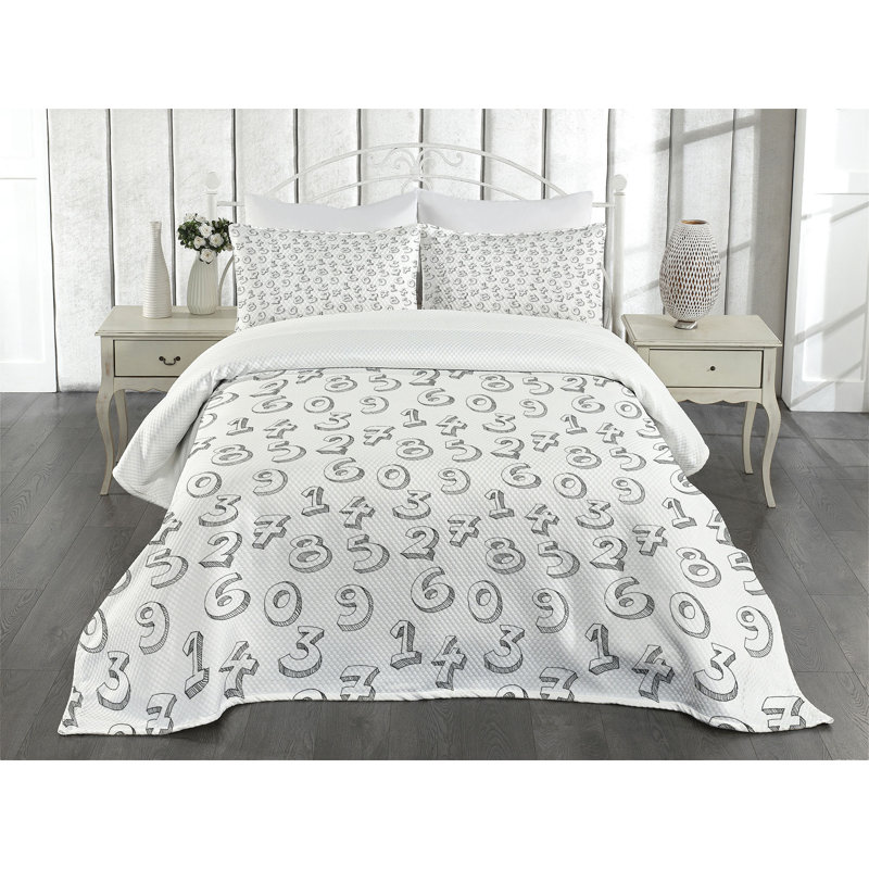 Ambensonne Numbers Bedspread White, King Coverlet/Bedspread + 2 Pillow Shams