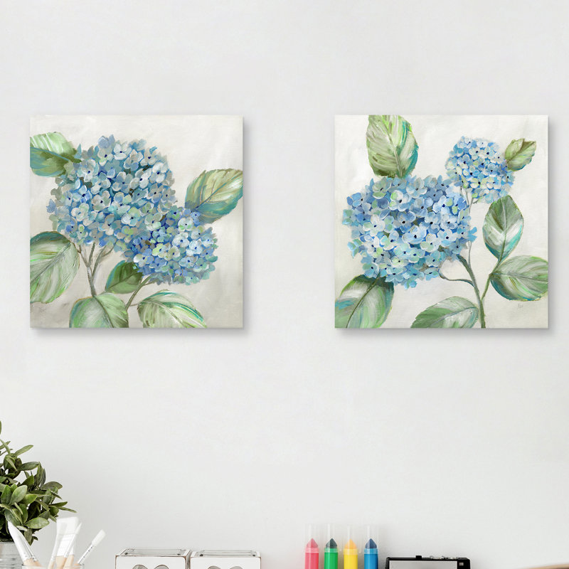 Hydrangea Beauty I & II by Nan, 20x20" Each, 2-Piece Blue Hydrangea Floral Canvas Wall Art Print Set
