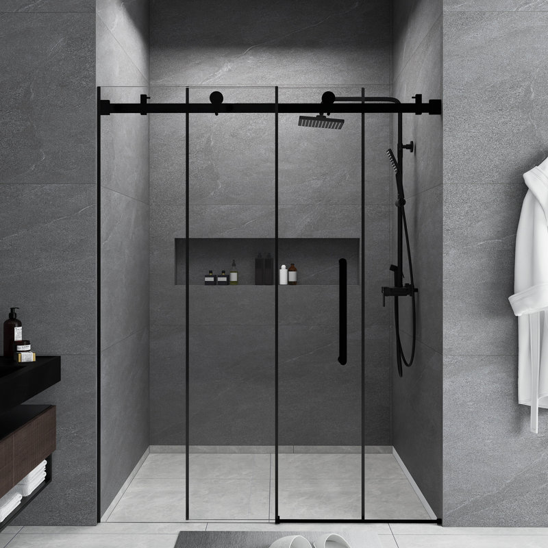56-60 "W X 76" H Frameless | Single Sliding | Shower Door | 1/4 Inch Transparent Glass With Explosion Proof Film | Stainless Steel Handle | Square Tube Track | Matt Black